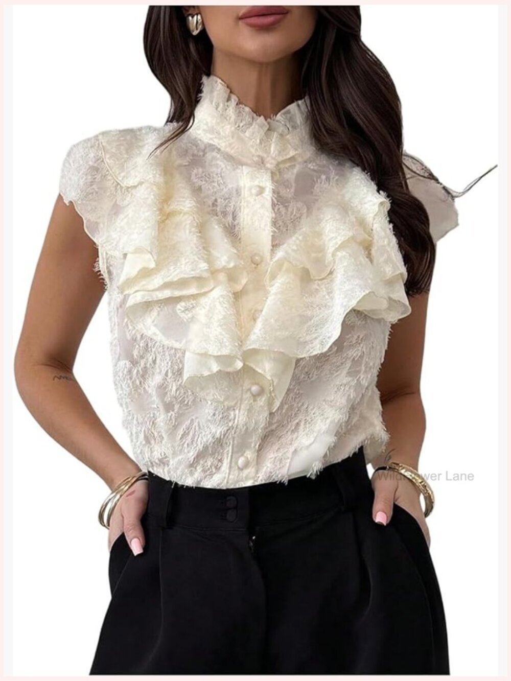 Ruffle Textured Button Down Blouse Cap Sleeve Dressy Tops Elegant Work Shirts
